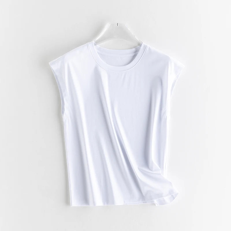 Silk Mercerized Cotton Sleeveless T-shirt Women Tank Top Silky Feeling Summer Cooling Wear O-neck Tee Vest Tops High-end
