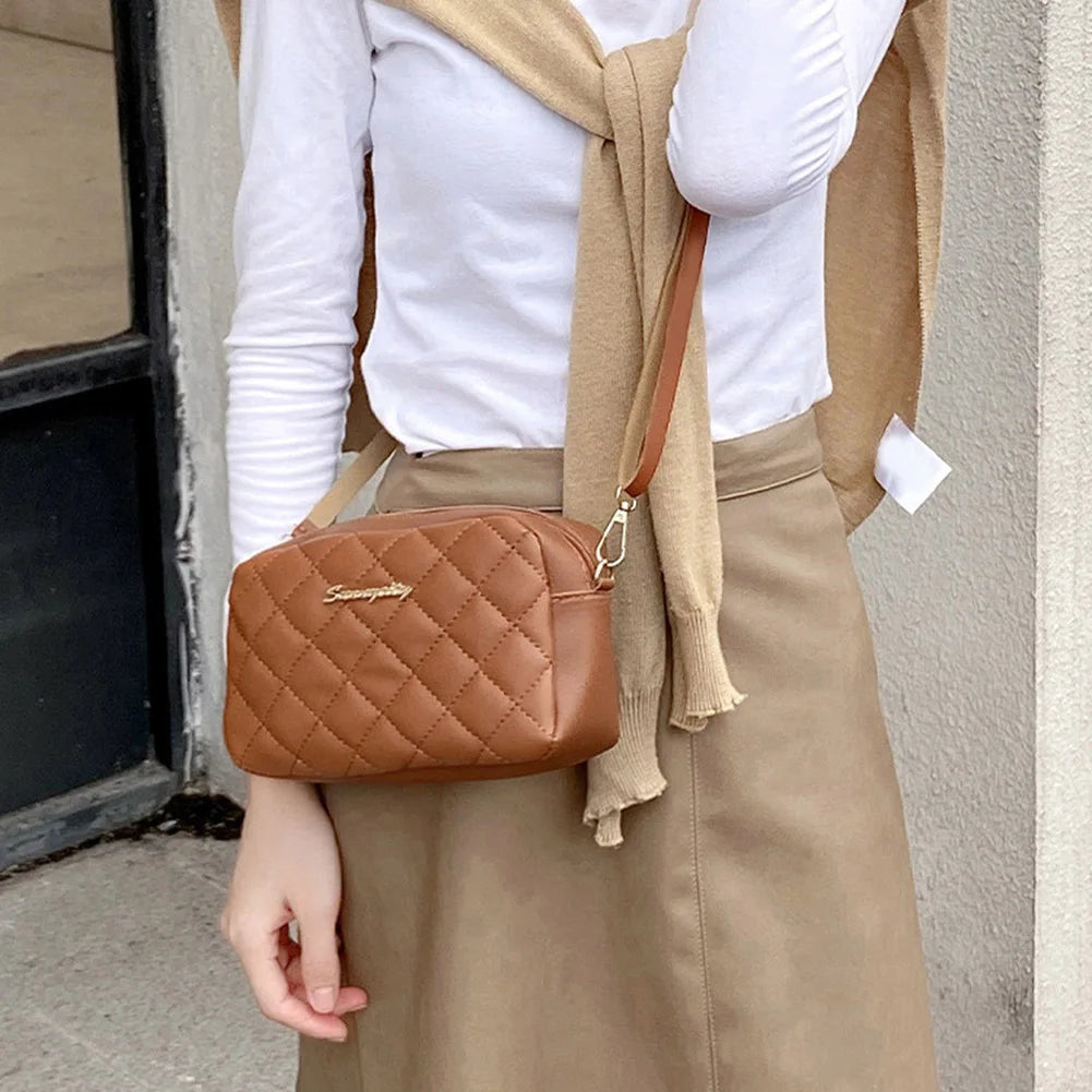 PU Lattice Fashion Women Bag Solid Color Stylish Ladies Handbags Shopping Daily Purse Embroidered Shoulder Crossbody Bag