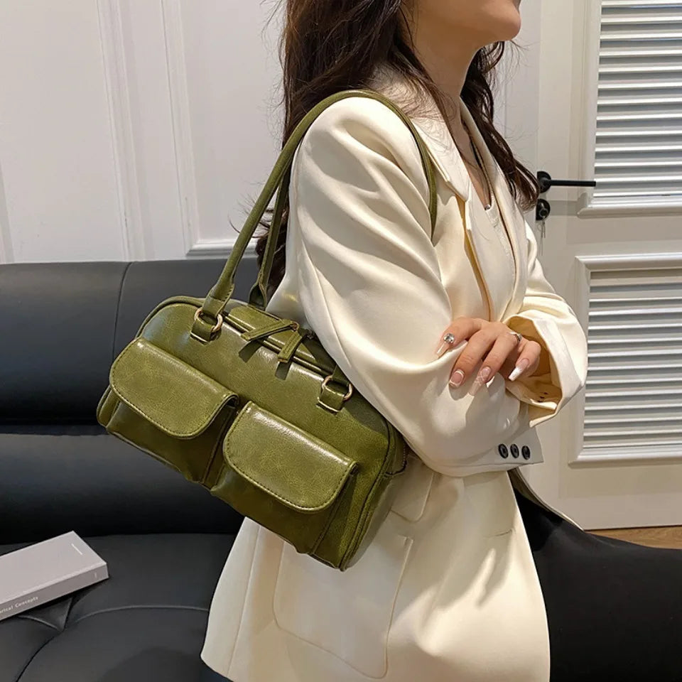 Vintage/Business Shoulder Pu Leather 2 Pocket Chic Female Underarm Bag