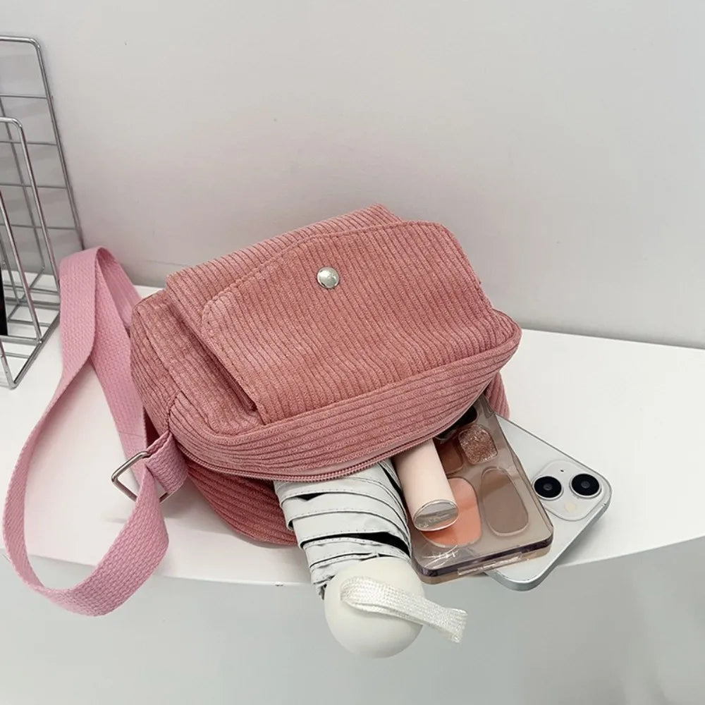 New Corduroy Striped Crossbody Bag Simple Design Adjustable Strap Shoulder Bags Solid Colour Mini Coin Pouch for Casual Wear