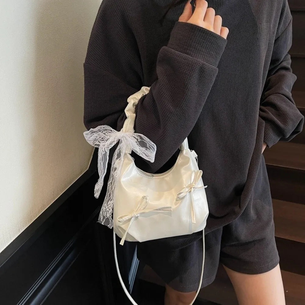 Fashion Cloud Evening Handbag Pleated Beige Bow PU Shoulder Bag Lace Ribbon Large Capacity Underarm Bag Travel