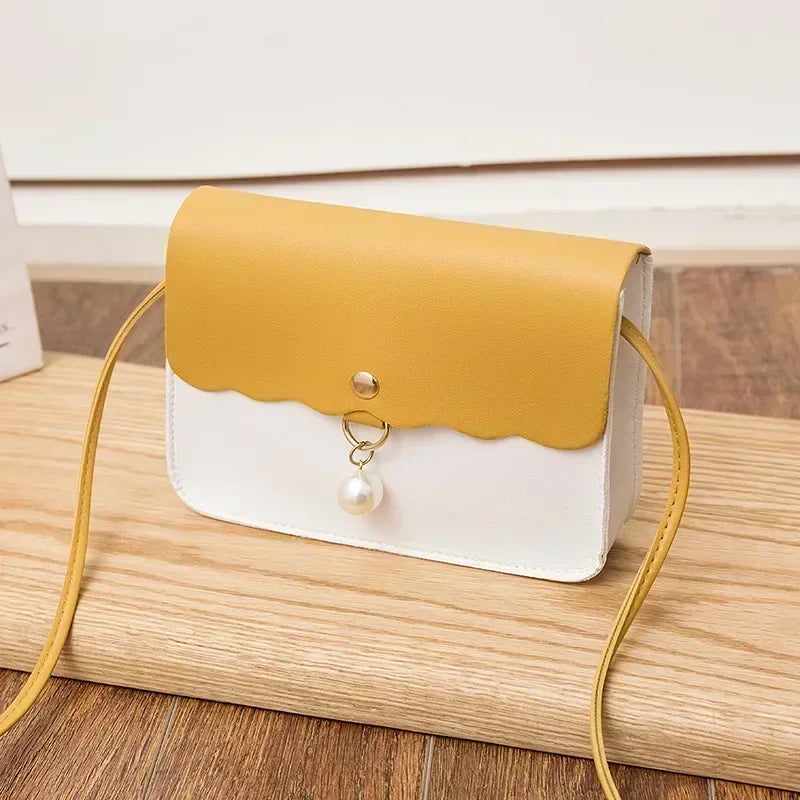 Women's PU Leather Shoulder Bag, Solid Color Messenger Purse with Pearl Pendant, Small Travel Handbag