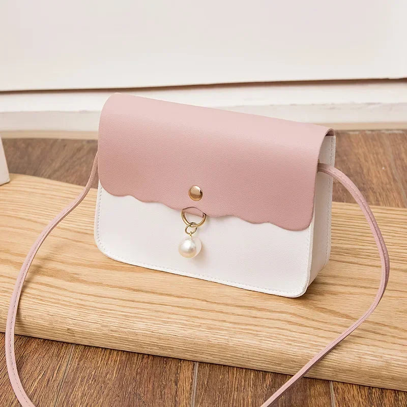 Women's PU Leather Shoulder Bag, Solid Color Messenger Purse with Pearl Pendant, Small Travel Handbag