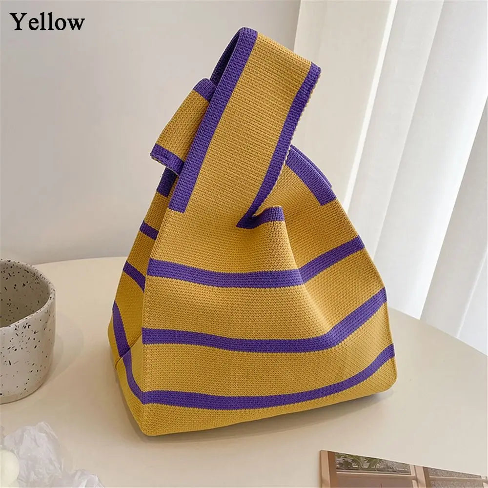 Student Wide Stripe Reusable Knot Wrist Bag Knit Handbag Plaid Tote Bag Shopping Bags