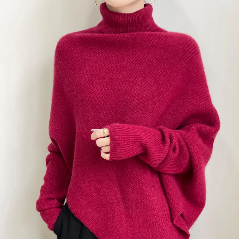 100% Merino Wool Autumn Winter Batwing Sleeves High Neck Pullover Long Sleeve Knitwear Trendy