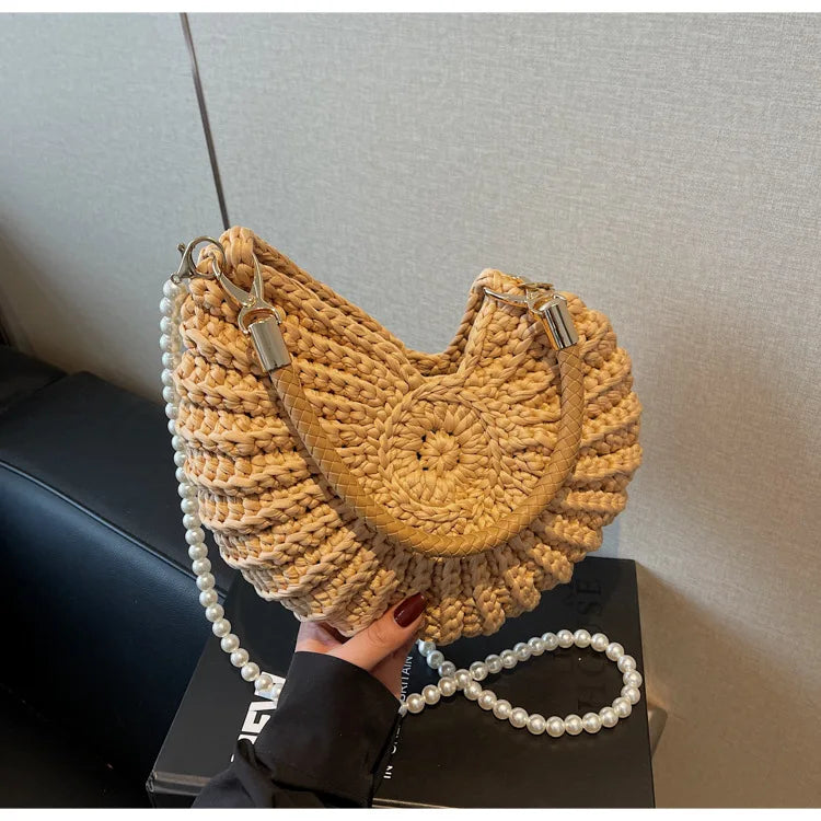 Creative Conch Shaped Crochet Women Shoulde Bags Funny Cute Pearls Chains Handmade Weave Crossbody Bag Novelty Small Handbags