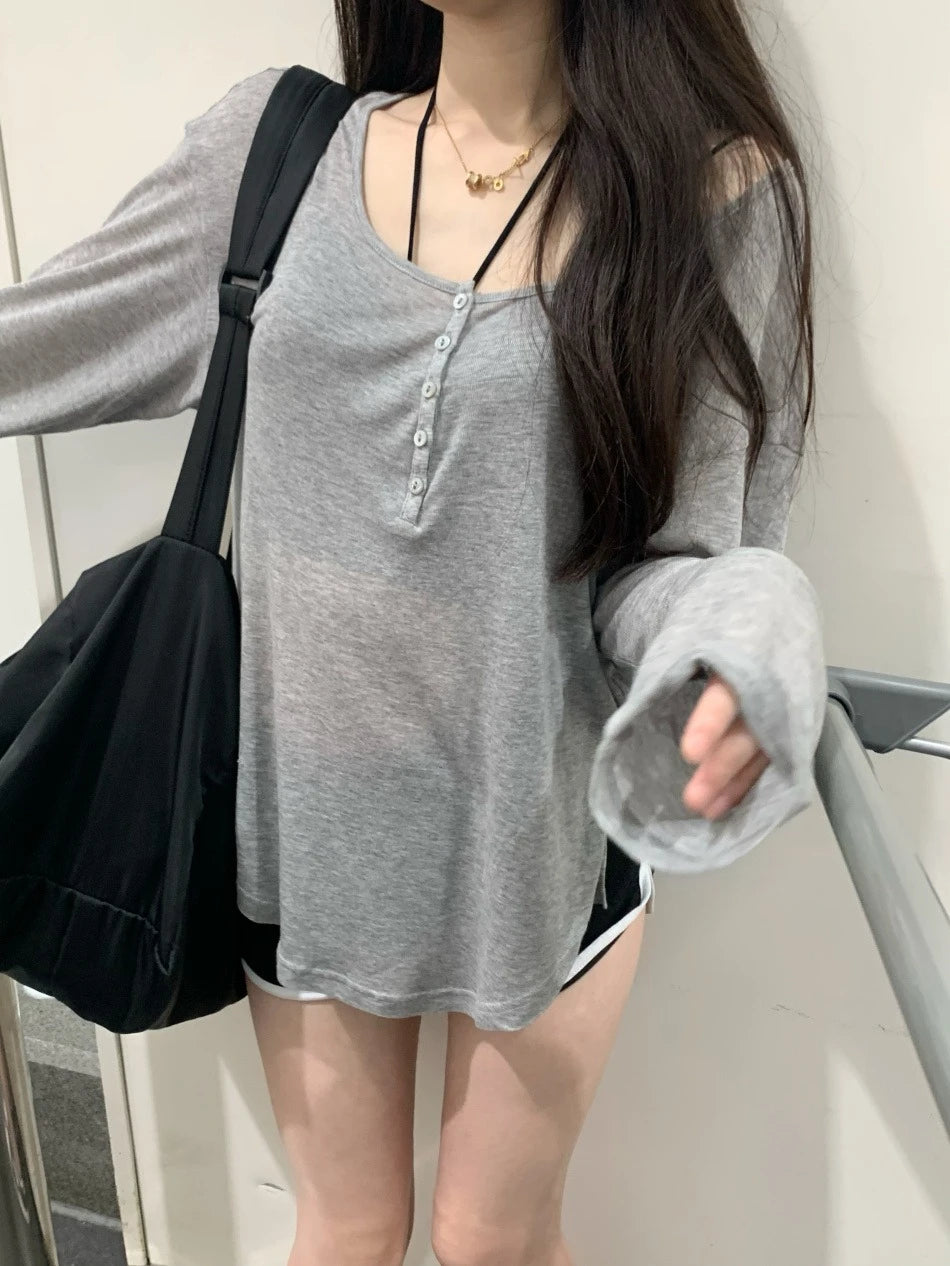 T Shirts Women Slash Neck Long Sleeve Tops Solid Stretch Women's Summer Sexy Club Tshirt Korean Loose Tees Streetwear Clothes