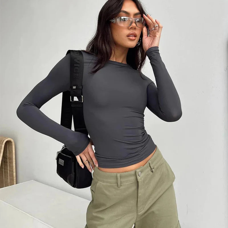Women Casual Long Sleeve Pullover Shirt |💥 Solid Slim Fit Streetwear Base Tee🙋