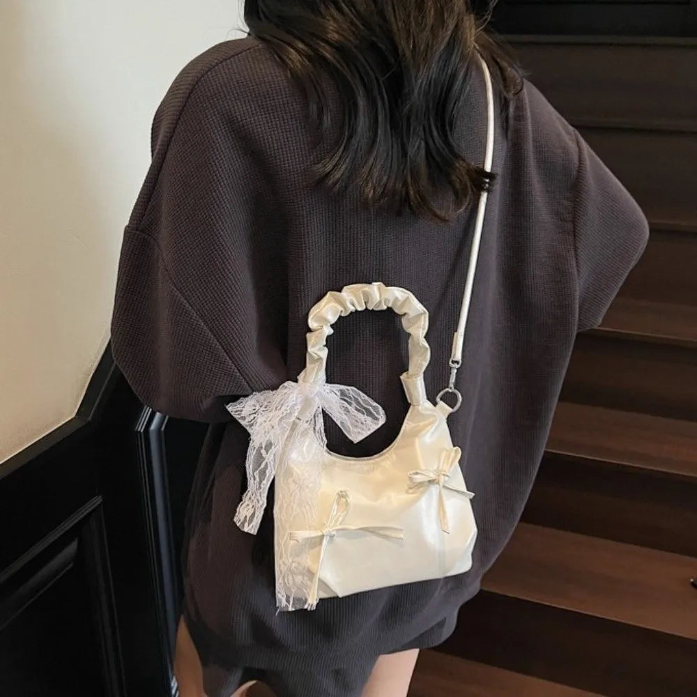 Fashion Cloud Evening Handbag Pleated Beige Bow PU Shoulder Bag Lace Ribbon Large Capacity Underarm Bag Travel