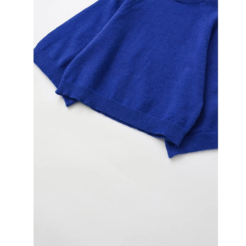 Blue Wide Sleeve Knit Pullover Women Spring 2025 Short High Neck Sweater