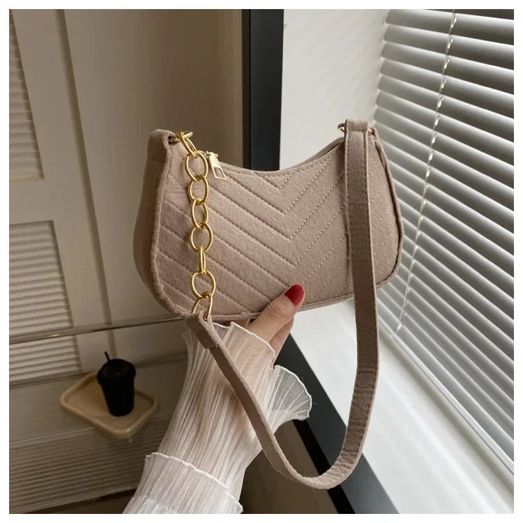 Felt Mini Shoulder Bags for Women Underarm Bags Texture Solid Color Casual Handbags Female Light Crossbody Bags