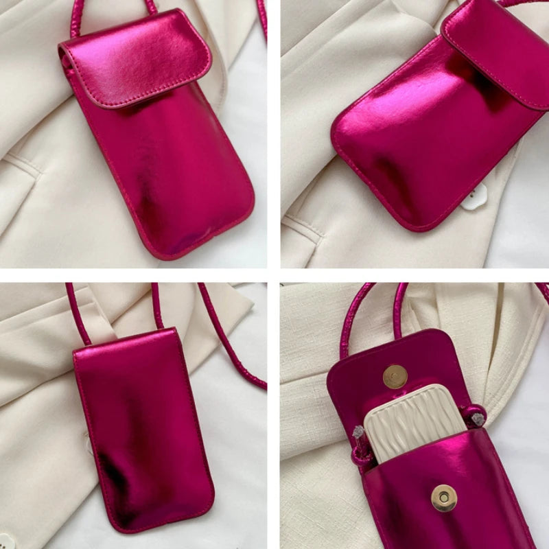 New Fashion Gold Silver Glossy Mini Bag Casual Versatile Shoulder Crossbody Bag for Women Outdoor Portable Mobile Phone Bag