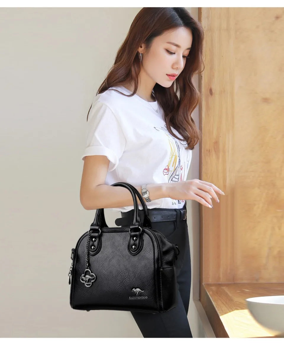 Genuine Kangaroo Brand Soft Pu Leather Hand Bag Small Handbags Women Shoulder Bags for Mother 3 Layers Tote Commuting Bag Summer