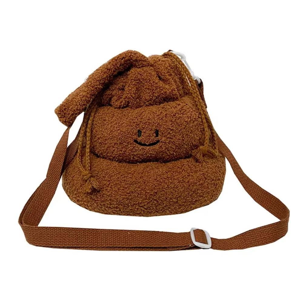 Drawstring Cartoon Poop Shape Handbag Large Capacity Fluffy Funny Plush Shoulder Bag Portable Multi-purpose