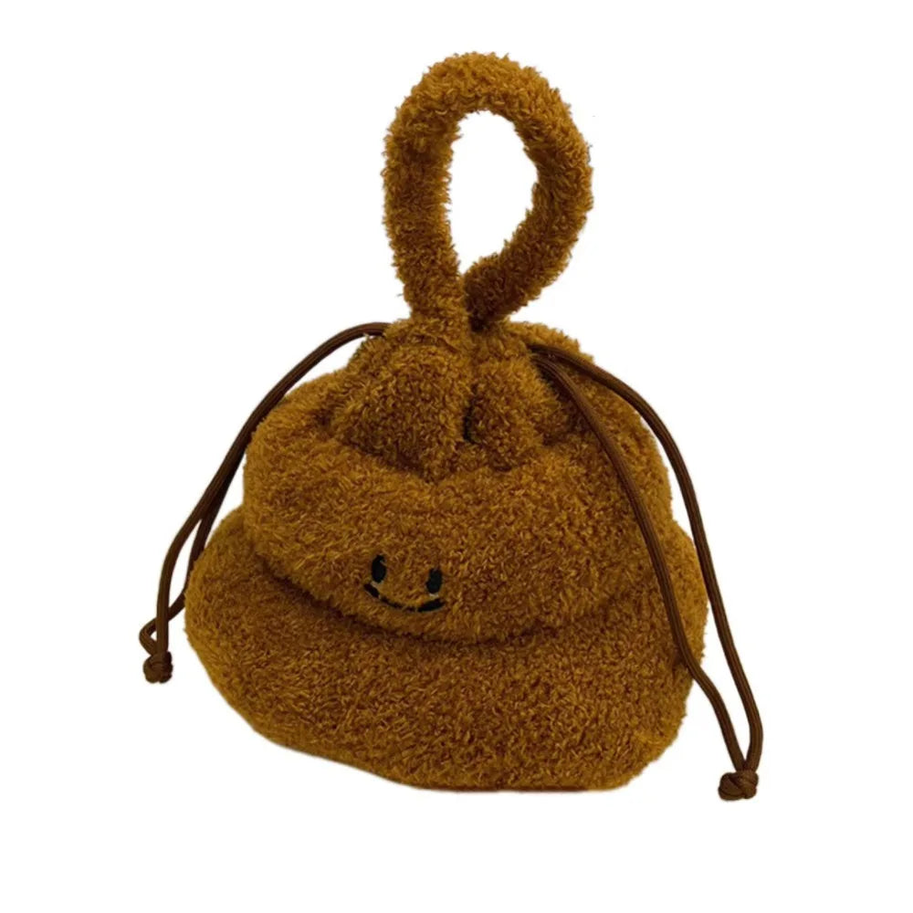 Drawstring Cartoon Poop Shape Handbag Large Capacity Fluffy Funny Plush Shoulder Bag Portable Multi-purpose
