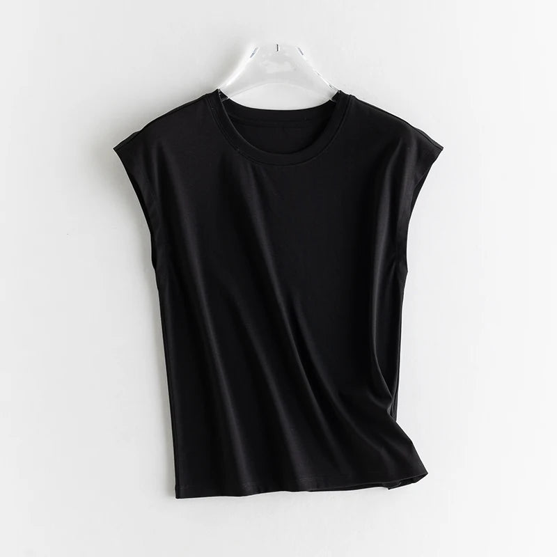 Silk Mercerized Cotton Sleeveless T-shirt Women Tank Top Silky Feeling Summer Cooling Wear O-neck Tee Vest Tops High-end
