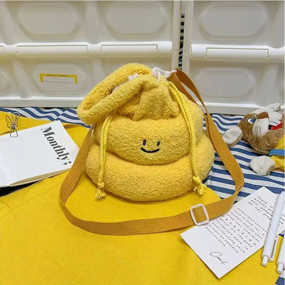 Drawstring Cartoon Poop Shape Handbag Large Capacity Fluffy Funny Plush Shoulder Bag Portable Multi-purpose