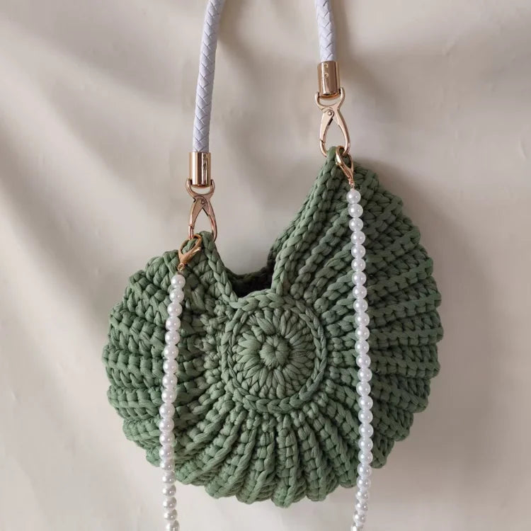 Creative Conch Shaped Crochet Women Shoulde Bags Funny Cute Pearls Chains Handmade Weave Crossbody Bag Novelty Small Handbags