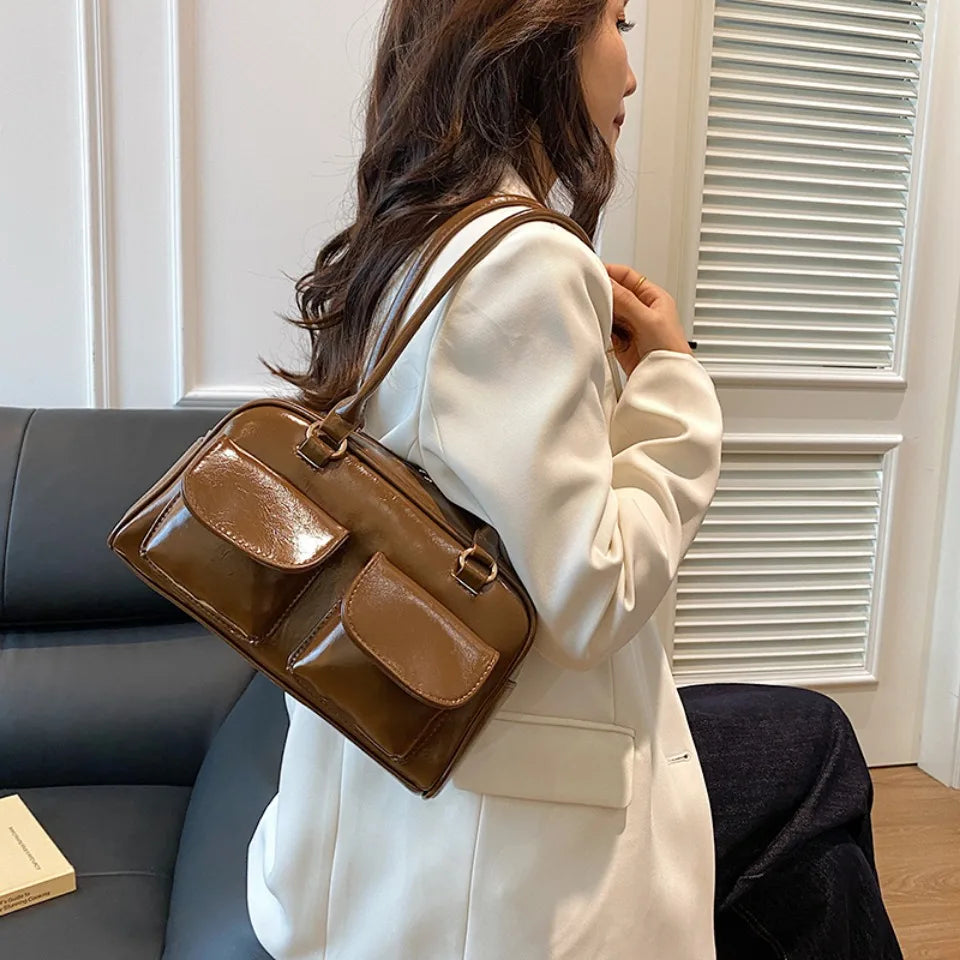 Vintage/Business Shoulder Pu Leather 2 Pocket Chic Female Underarm Bag