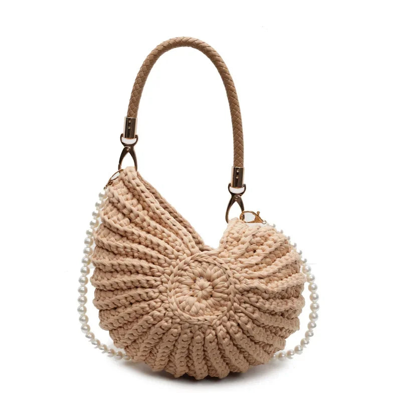 Creative Conch Shaped Crochet Women Shoulde Bags Funny Cute Pearls Chains Handmade Weave Crossbody Bag Novelty Small Handbags