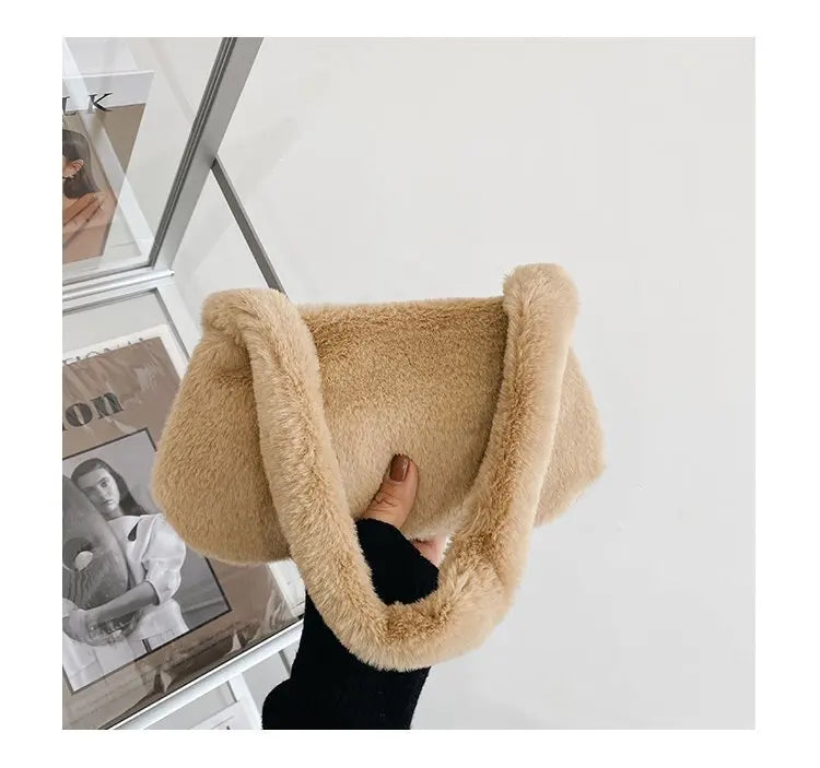 New Fluffy Totes Soft Plush Shoulder Underarm Bag Solid Color Purse Autumn Winter Handbag Women Lady Fashion Storage Pouch