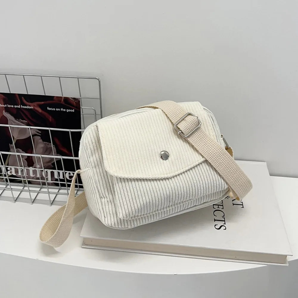 New Corduroy Striped Crossbody Bag Simple Design Adjustable Strap Shoulder Bags Solid Colour Mini Coin Pouch for Casual Wear