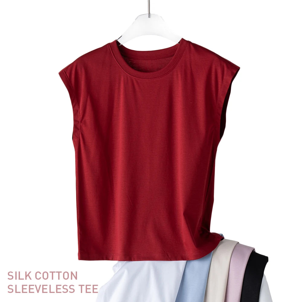 Silk Mercerized Cotton Sleeveless T-shirt Women Tank Top Silky Feeling Summer Cooling Wear O-neck Tee Vest Tops High-end