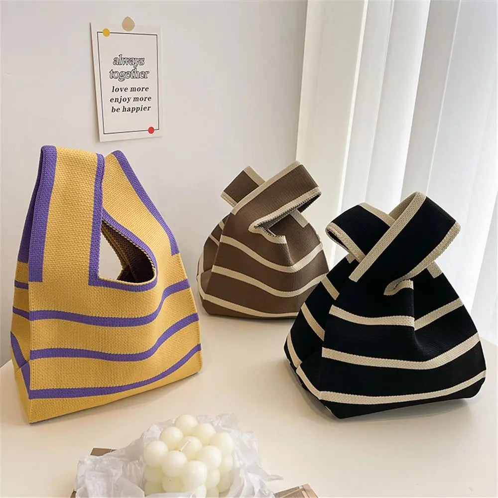 Student Wide Stripe Reusable Knot Wrist Bag Knit Handbag Plaid Tote Bag Shopping Bags