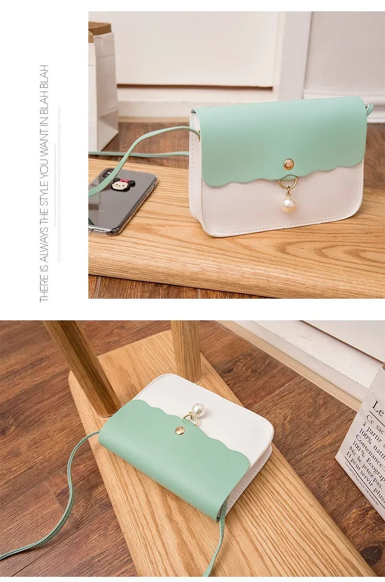 Women's PU Leather Shoulder Bag, Solid Color Messenger Purse with Pearl Pendant, Small Travel Handbag