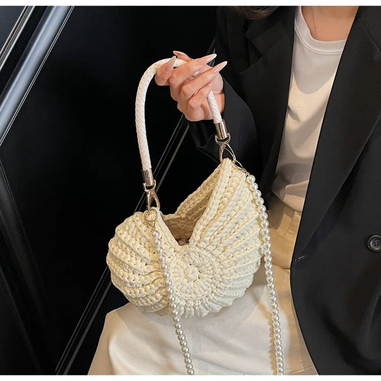 Creative Conch Shaped Crochet Women Shoulde Bags Funny Cute Pearls Chains Handmade Weave Crossbody Bag Novelty Small Handbags