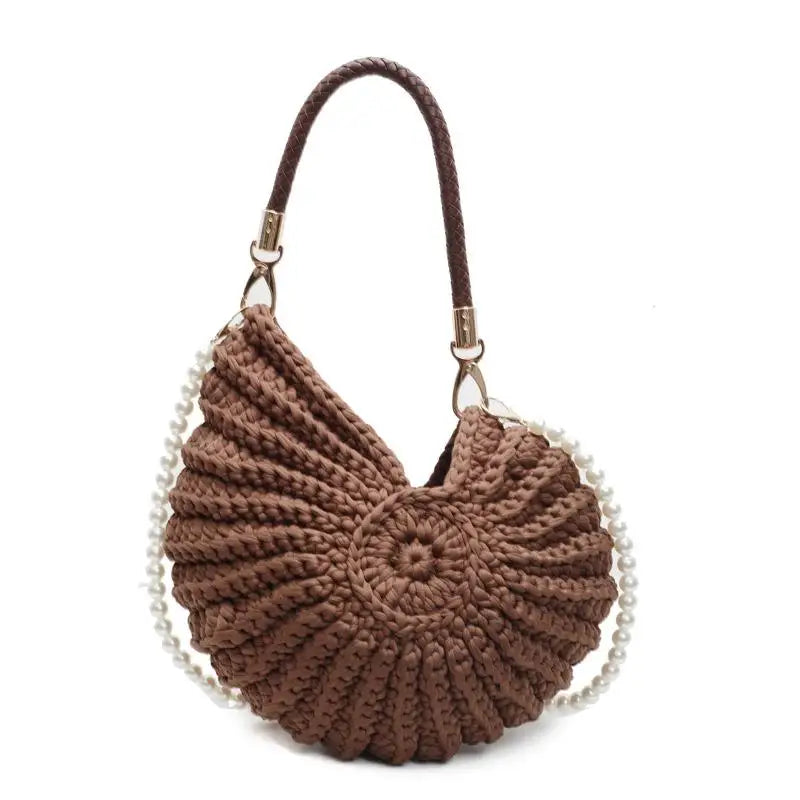 Creative Conch Shaped Crochet Women Shoulde Bags Funny Cute Pearls Chains Handmade Weave Crossbody Bag Novelty Small Handbags