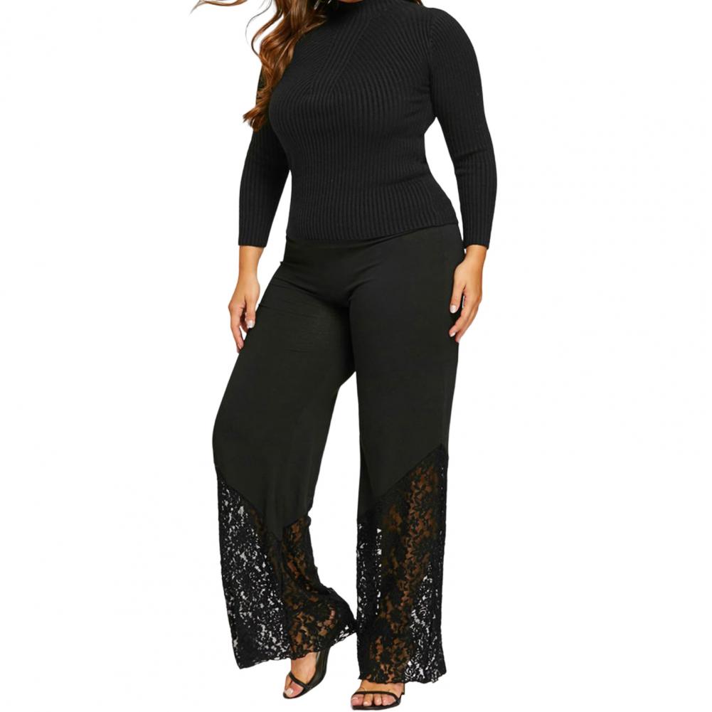 Wide Leg Flower Embroidery Women Pants High Waist Loose See-through Lace Patchwork Summer Pants Female Vintage