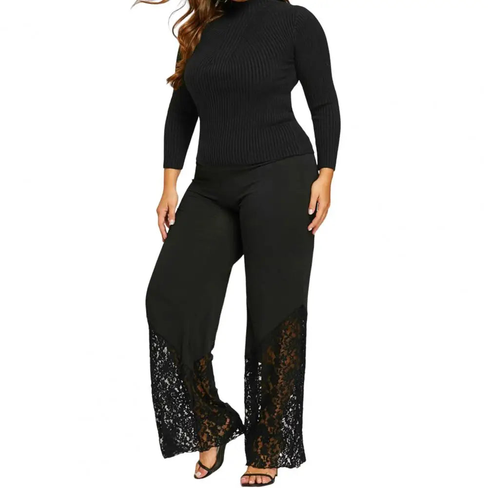 Wide Leg Flower Embroidery Women Pants High Waist Loose See-through Lace Patchwork Summer Pants Female Vintage