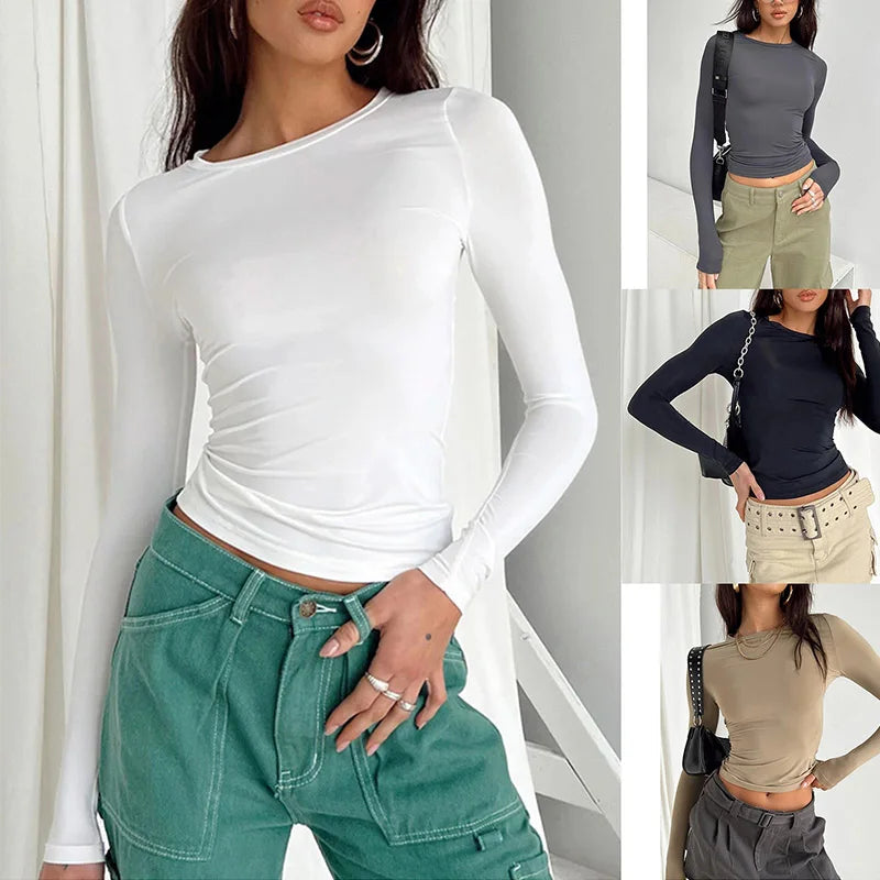 Women Casual Long Sleeve Pullover Shirt |💥 Solid Slim Fit Streetwear Base Tee🙋