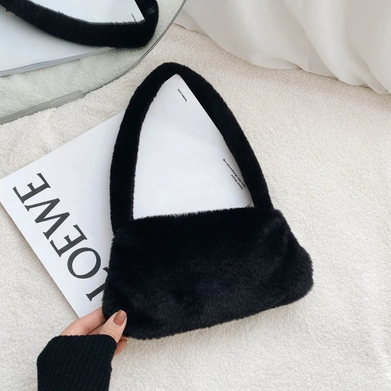 New Fluffy Totes Soft Plush Shoulder Underarm Bag Solid Color Purse Autumn Winter Handbag Women Lady Fashion Storage Pouch
