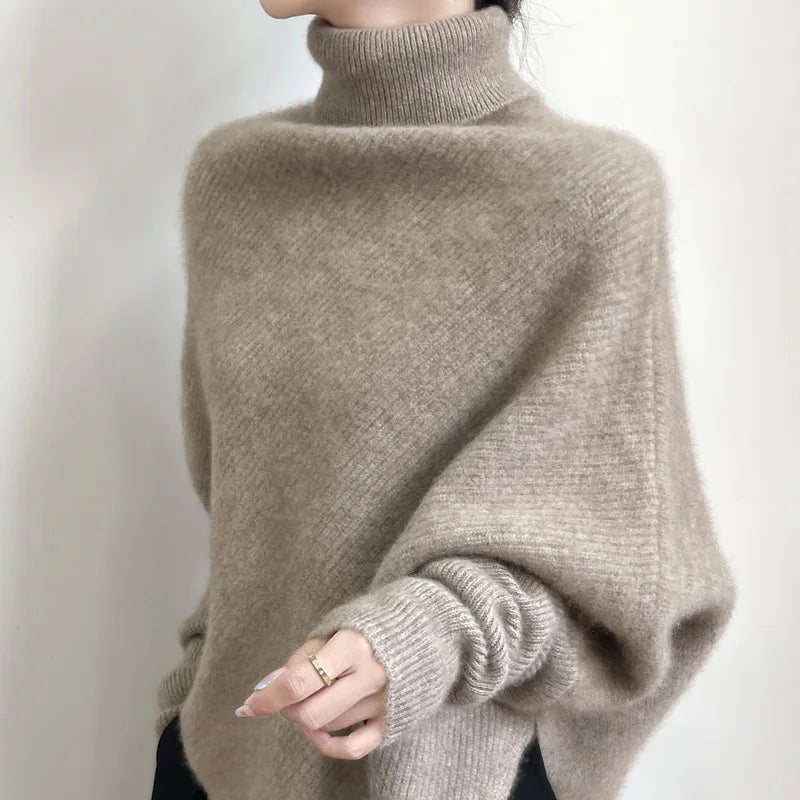 100% Merino Wool Autumn Winter Batwing Sleeves High Neck Pullover Long Sleeve Knitwear Trendy