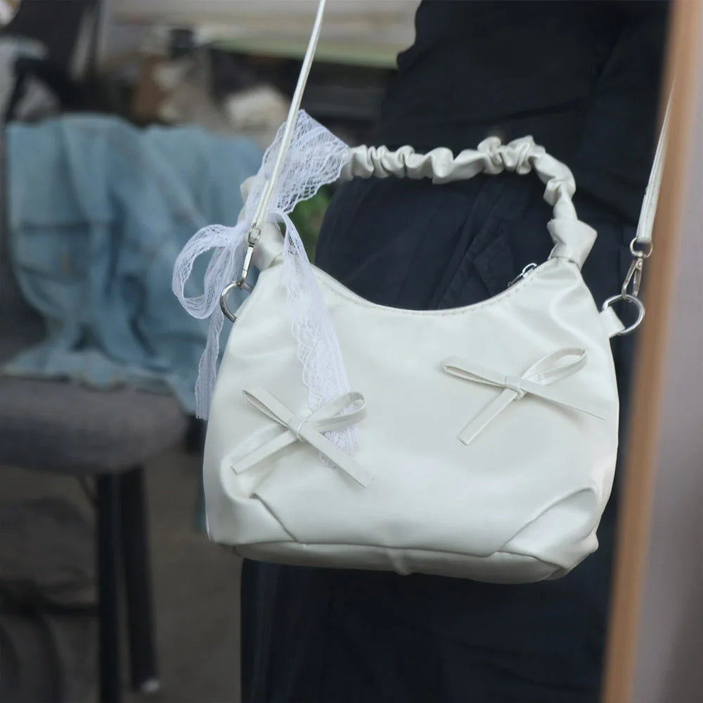 Fashion Cloud Evening Handbag Pleated Beige Bow PU Shoulder Bag Lace Ribbon Large Capacity Underarm Bag Travel