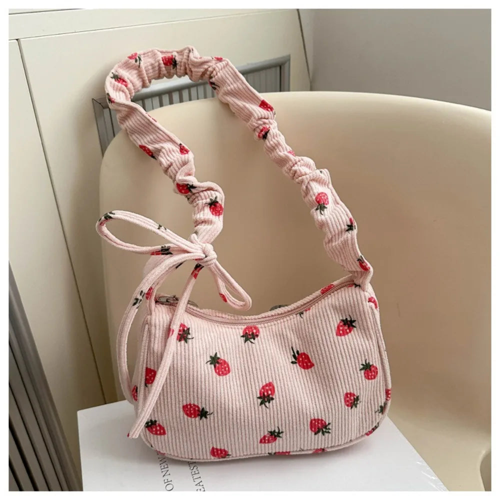New Large Capacity Corduroy Tote Bag Women Girl Y2k Strawberry Shoulder Bag Sweet Trendy Zipper Underarm Bag Crossbody Bag