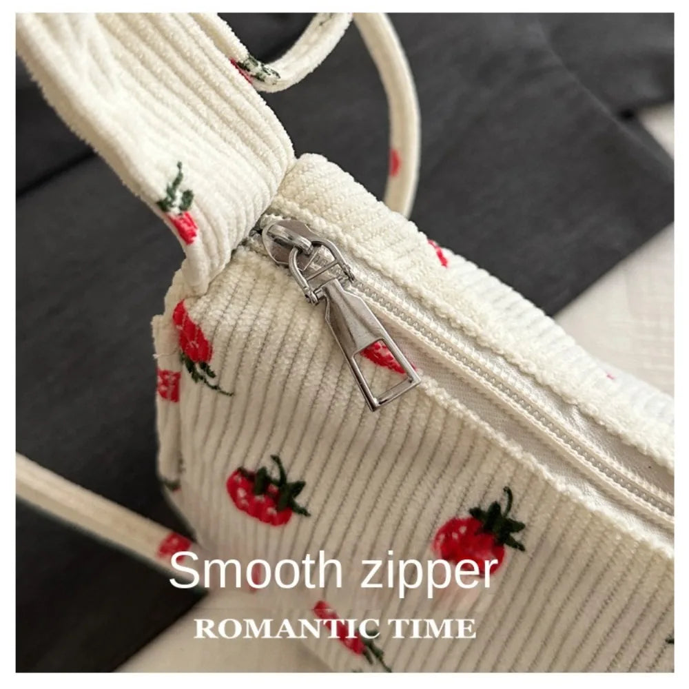 New Large Capacity Corduroy Tote Bag Women Girl Y2k Strawberry Shoulder Bag Sweet Trendy Zipper Underarm Bag Crossbody Bag
