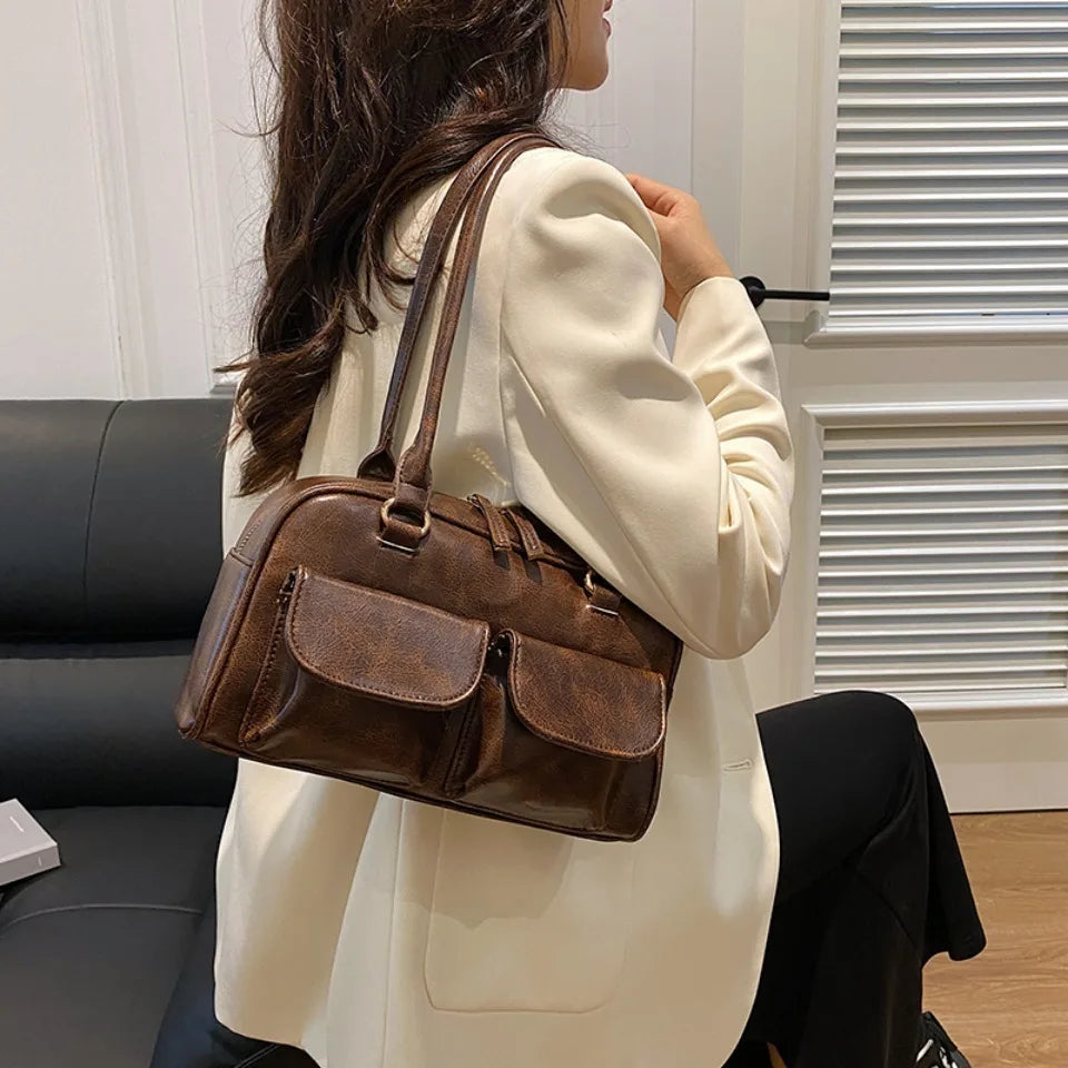 Vintage/Business Shoulder Pu Leather 2 Pocket Chic Female Underarm Bag