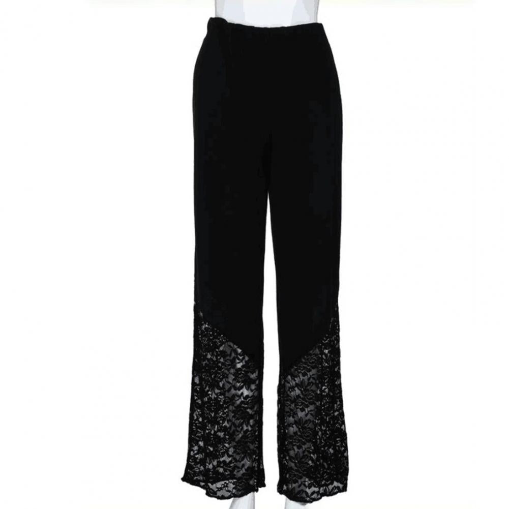 Wide Leg Flower Embroidery Women Pants High Waist Loose See-through Lace Patchwork Summer Pants Female Vintage