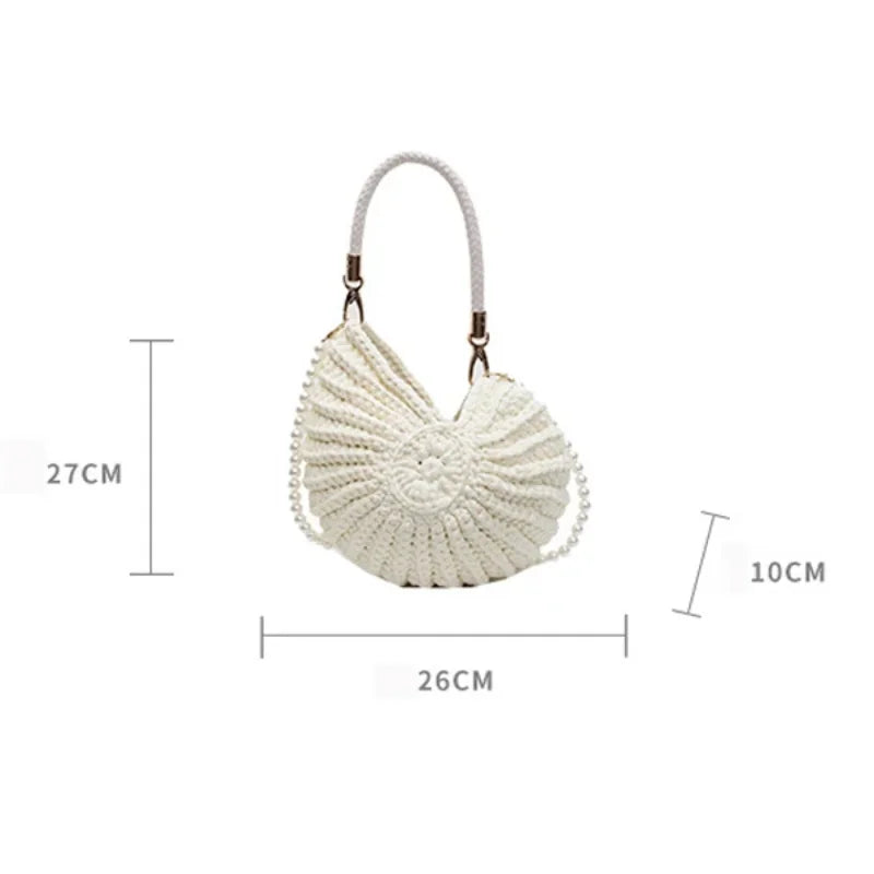 Creative Conch Shaped Crochet Women Shoulde Bags Funny Cute Pearls Chains Handmade Weave Crossbody Bag Novelty Small Handbags