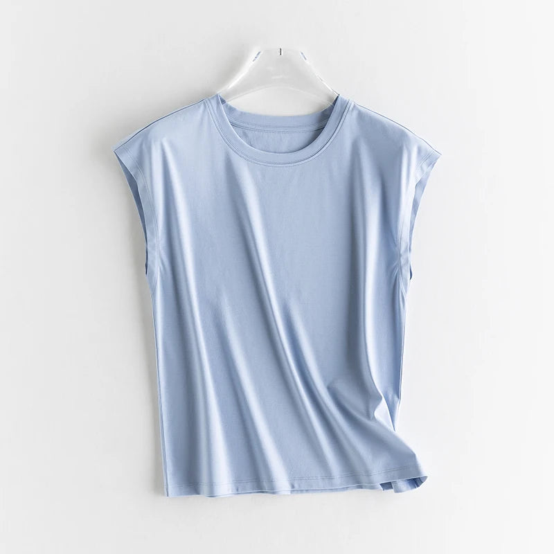 Silk Mercerized Cotton Sleeveless T-shirt Women Tank Top Silky Feeling Summer Cooling Wear O-neck Tee Vest Tops High-end