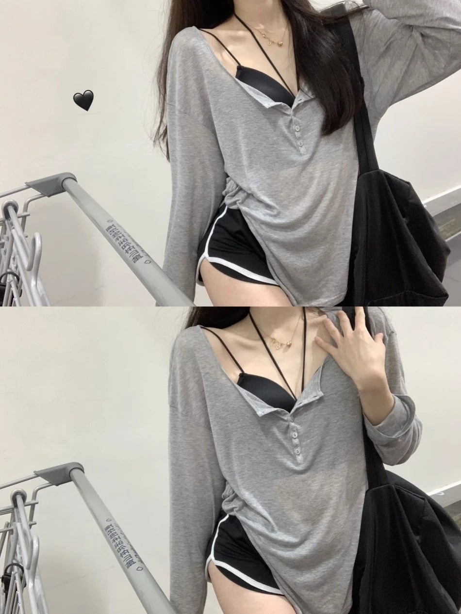 T Shirts Women Slash Neck Long Sleeve Tops Solid Stretch Women's Summer Sexy Club Tshirt Korean Loose Tees Streetwear Clothes